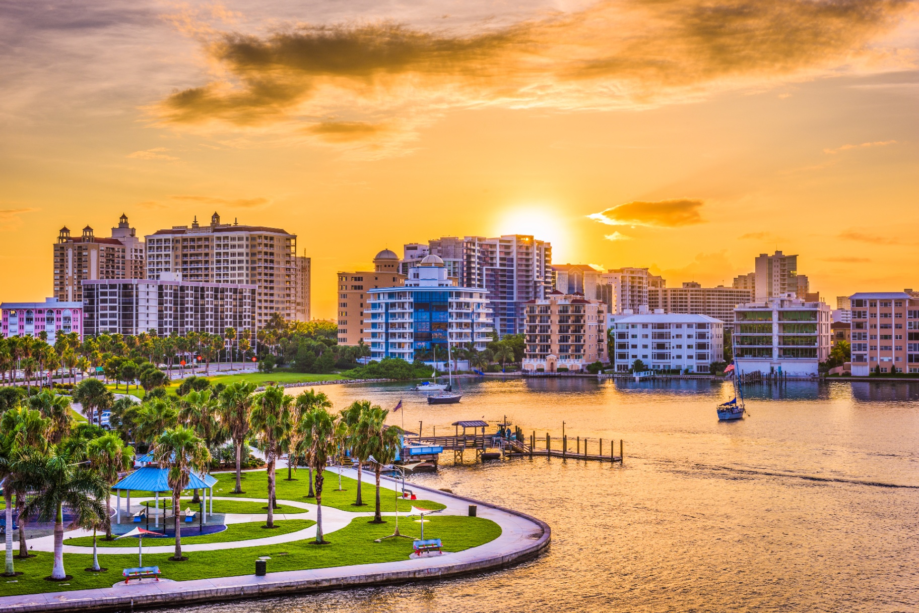 Sarasota waterfront and downtown skyline at sunset