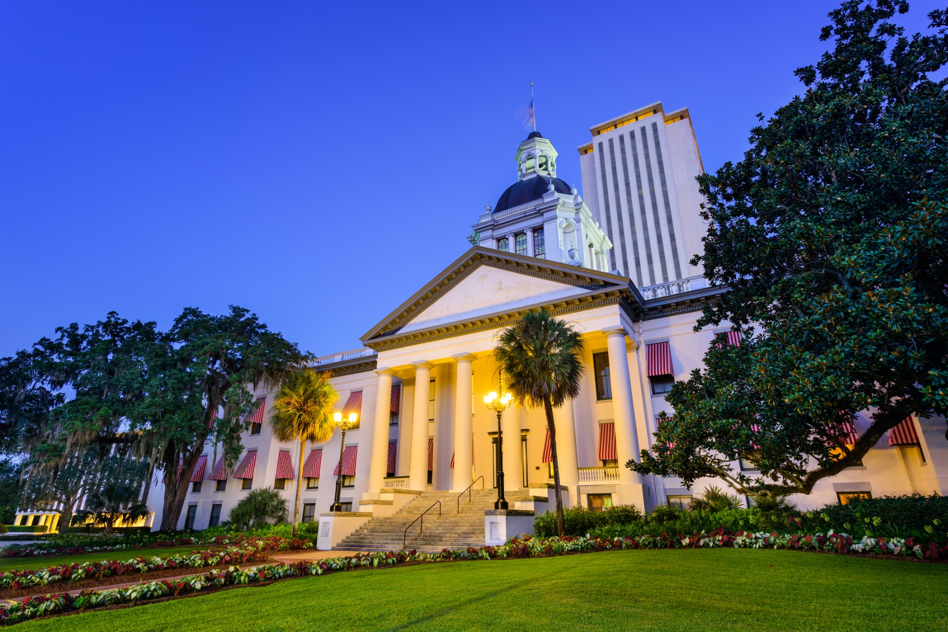 Historic Florida Capitol and Florida State Capitol in Tallahassee at twilight