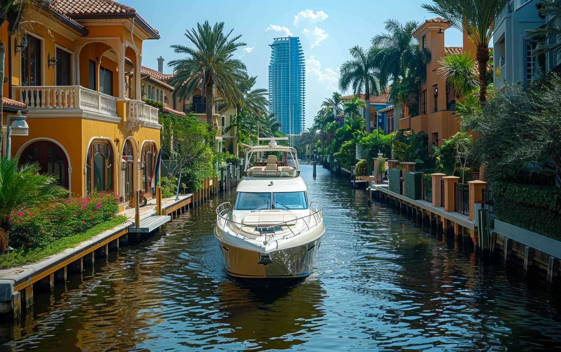 A motor yacht cruising a palm-lined residential canal past waterfront homes with a glass high-rise in the distance