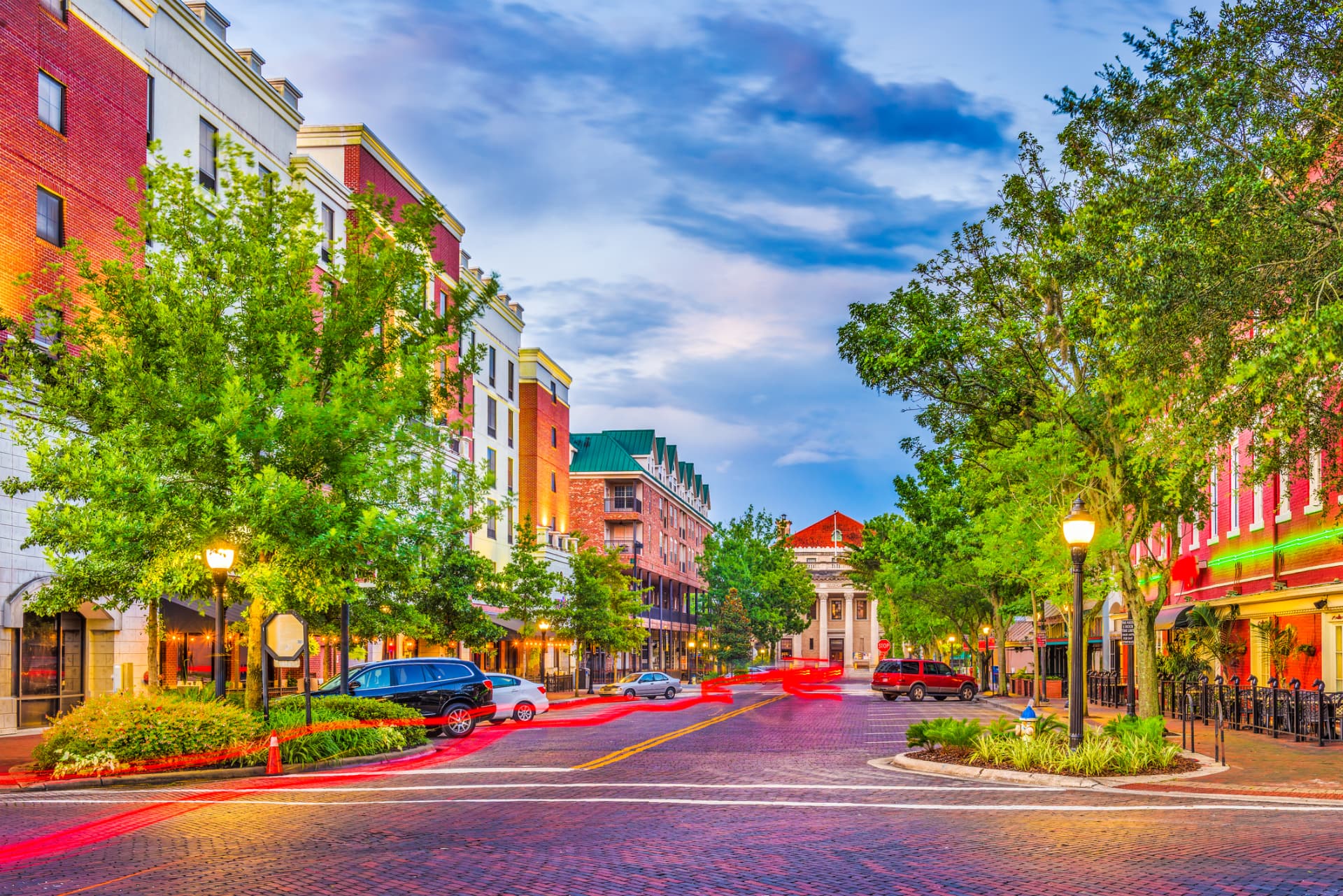 Tree-lined downtown Gainesville streetscape in Gainesville, Florida