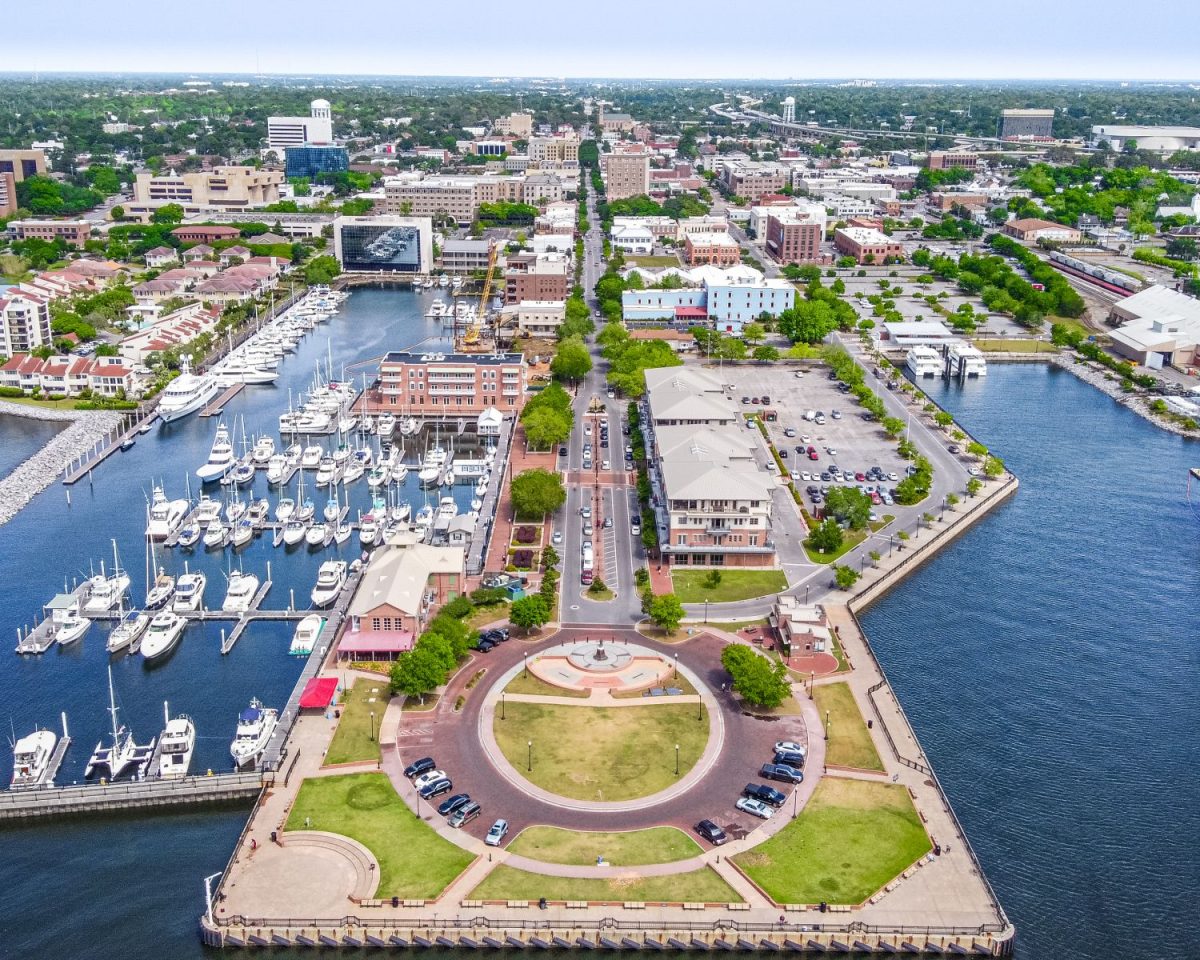 Aerial view of downtown Pensacola waterfront and marina in Pensacola, Florida